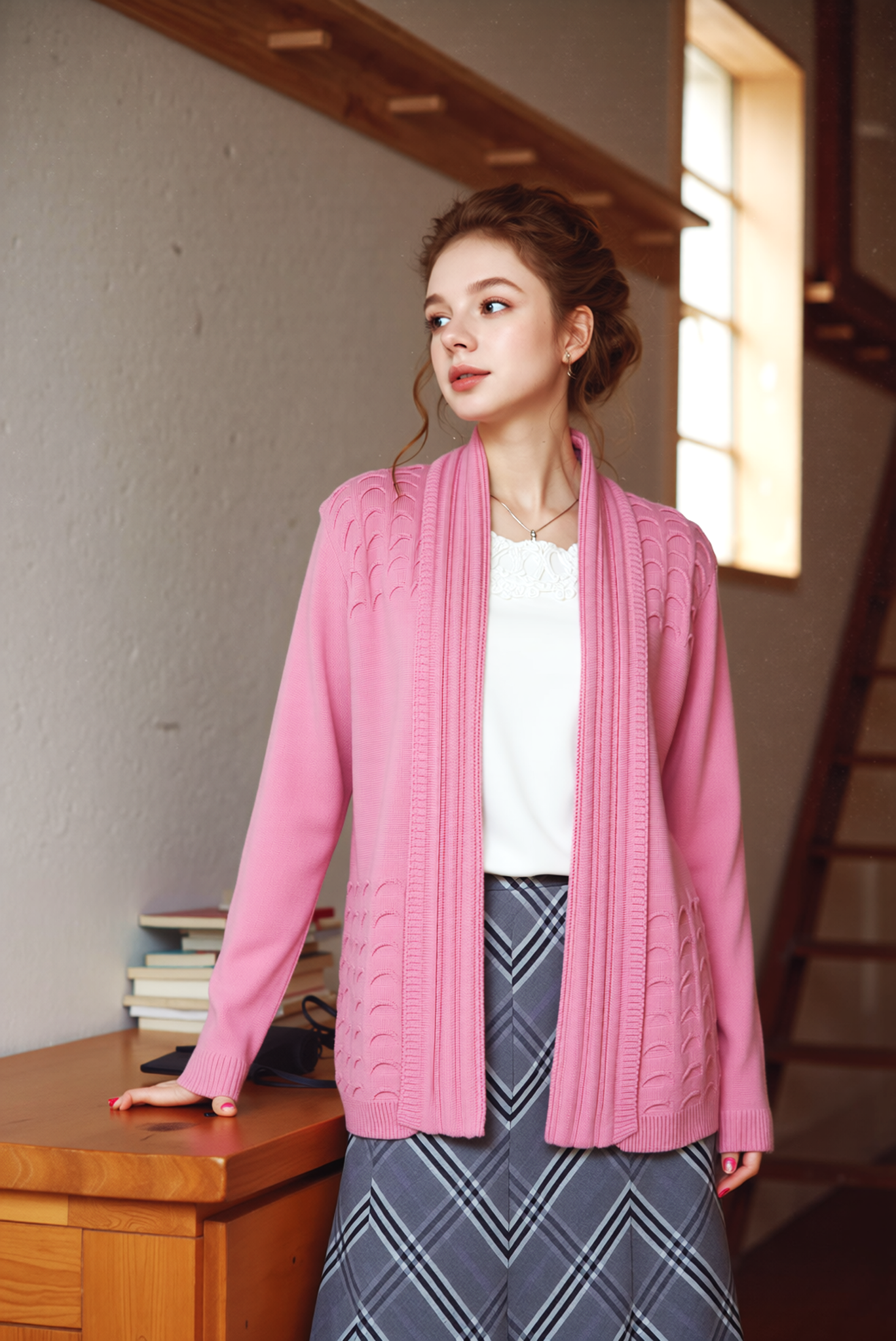 Pink Scallop Edge Open Cardigan