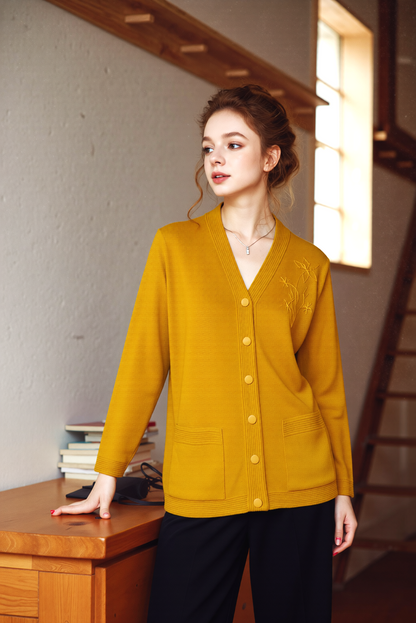 Mustard V-Neck Button Pocket Cardigan