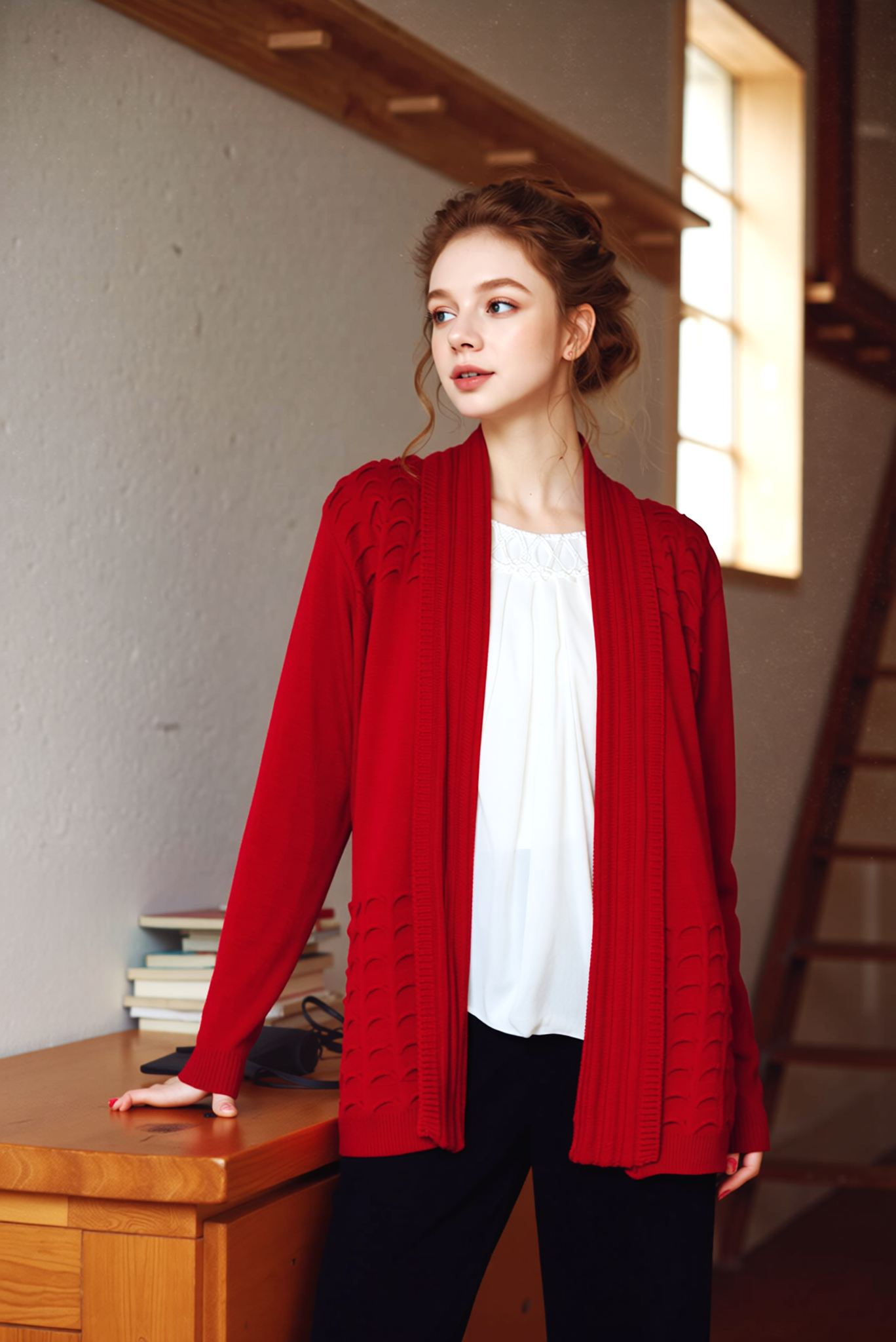 Red Scallop Edge to Edge Open Cardigan