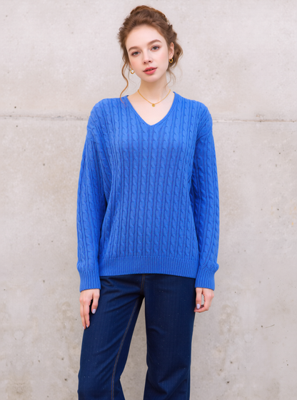 Blue V-Neck Cable Knit Jumper
