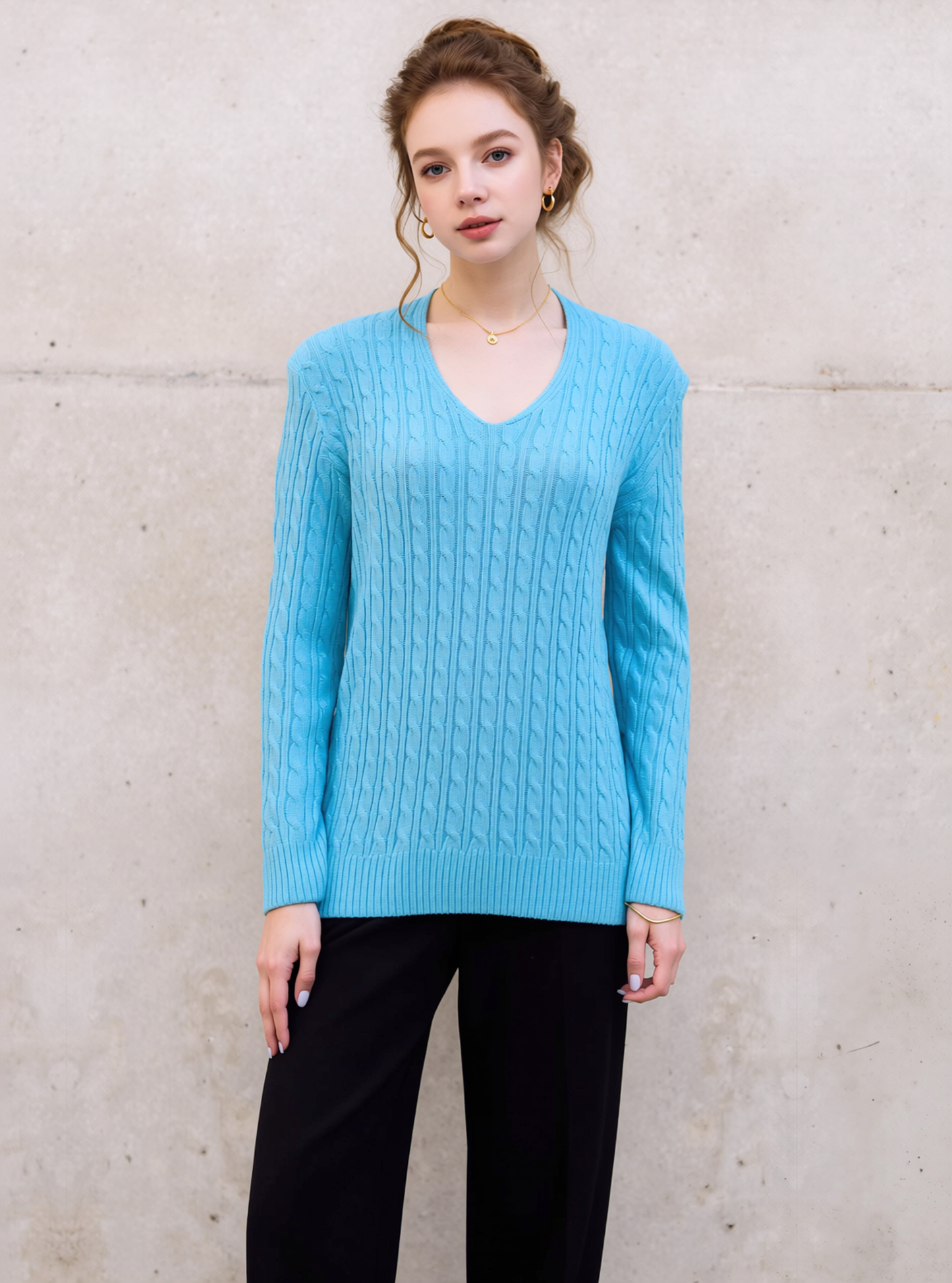 Turquoise V-Neck Cable Knit Jumper