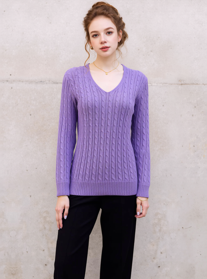 Lavender V-Neck Cable Knit Jumper