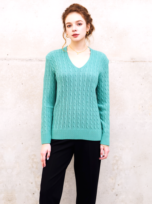 Green V-Neck Cable Knit Jumper