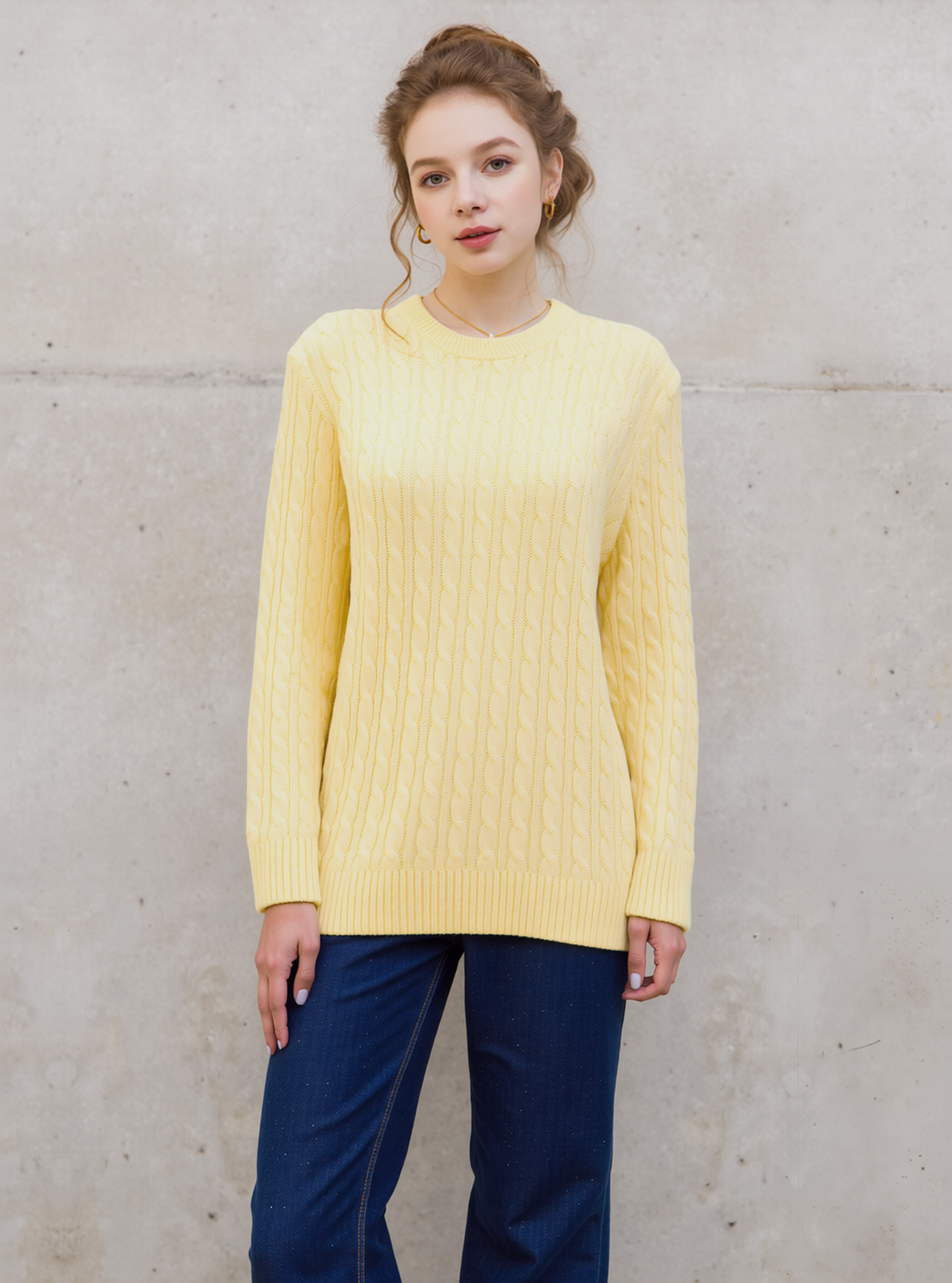Yellow Round Neck Cable Knit Jumper