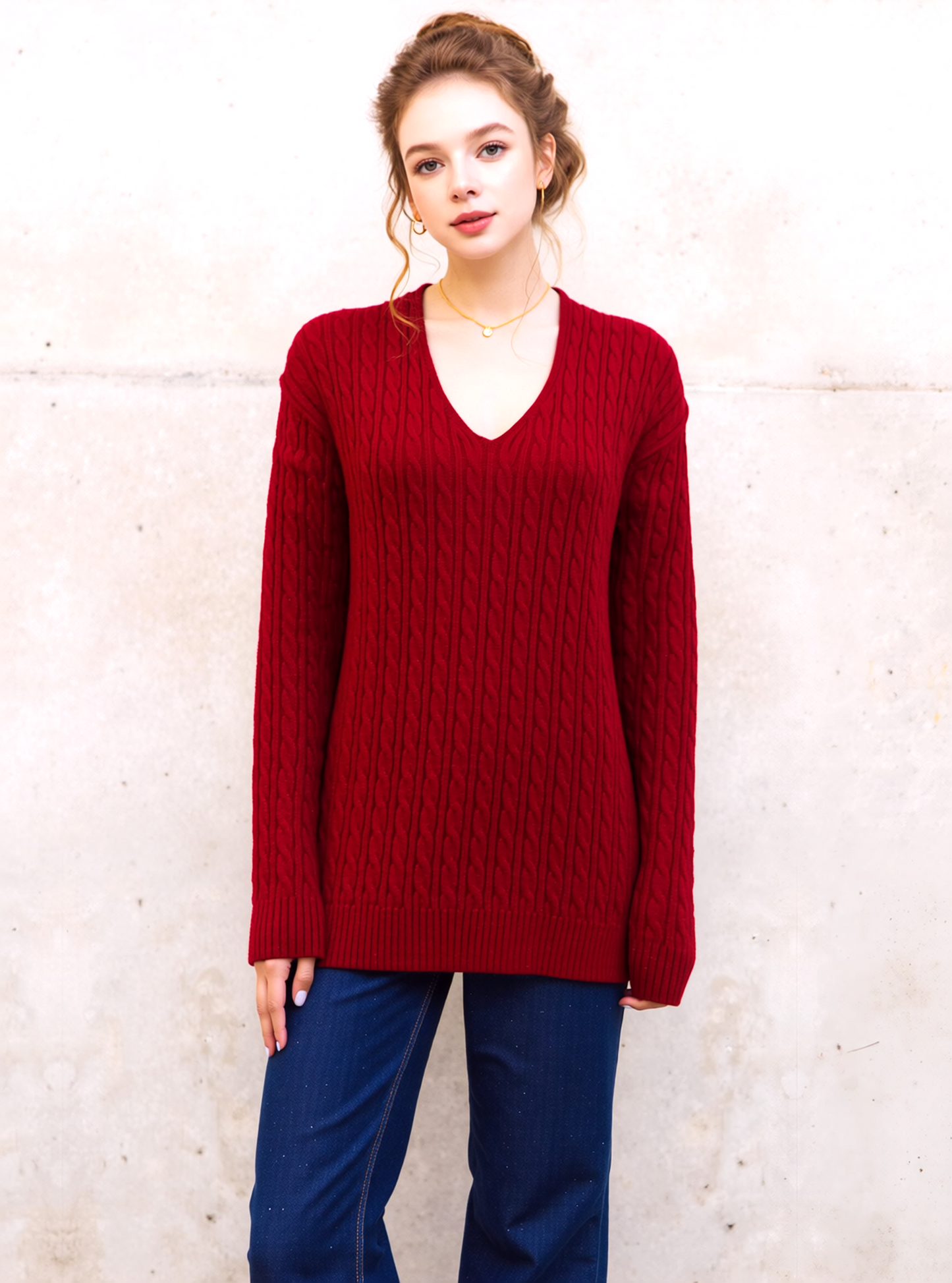 Red V-Neck Cable Knit Jumper