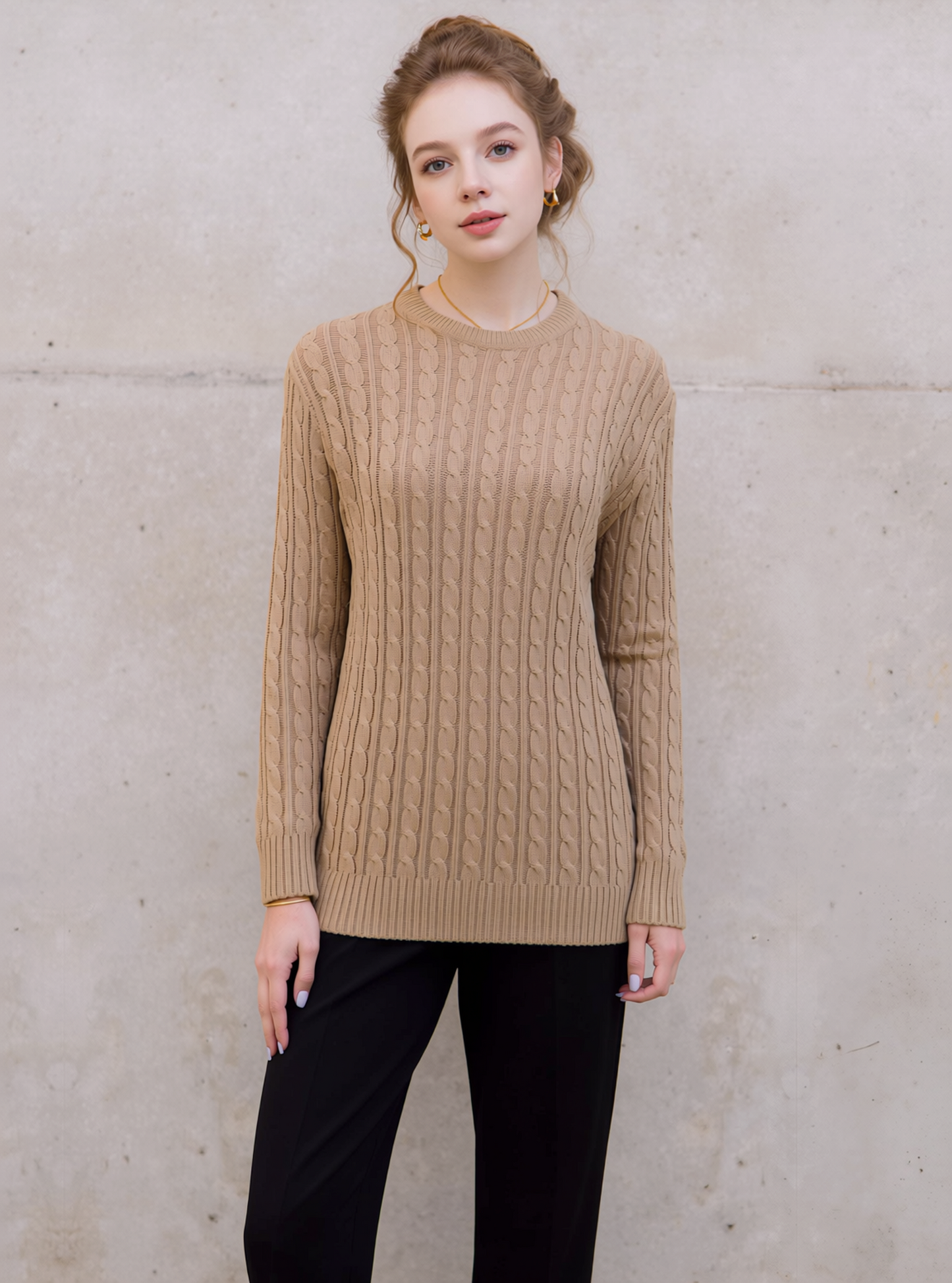 Beige Round Neck Cable Knit Jumper