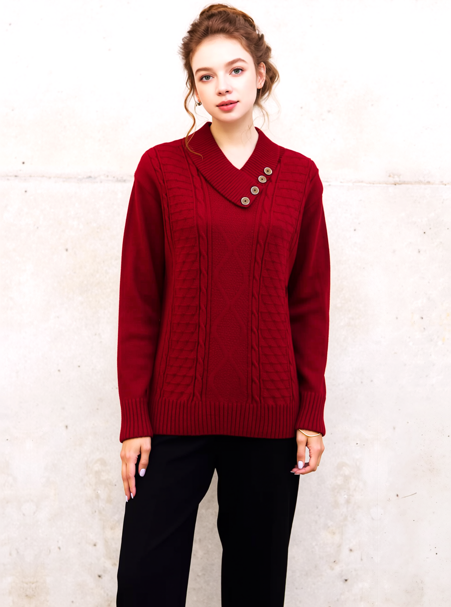 Red Four Button Cable Knit Jumper