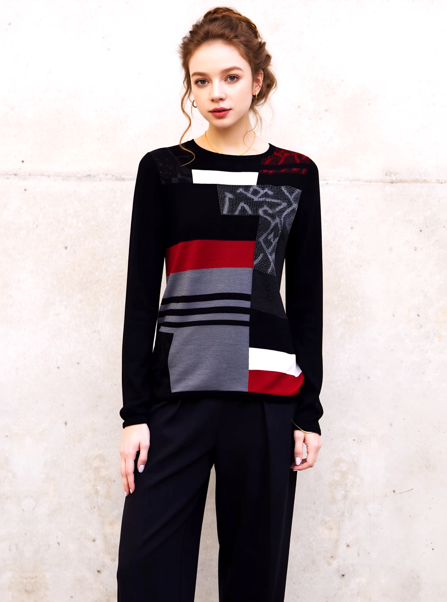 Black Pattern Design Knit Jumper