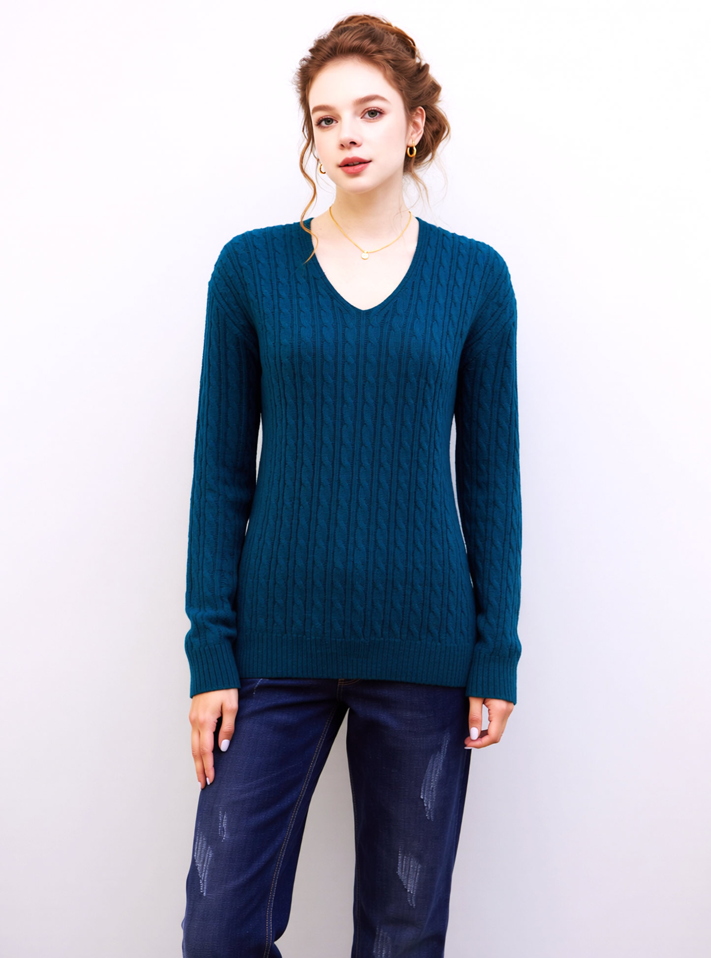 Teal V-Neck Cable Knit Jumper
