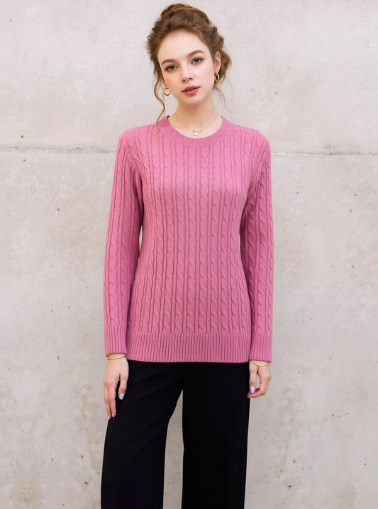 Pink Round Neck Cable Knit Jumper