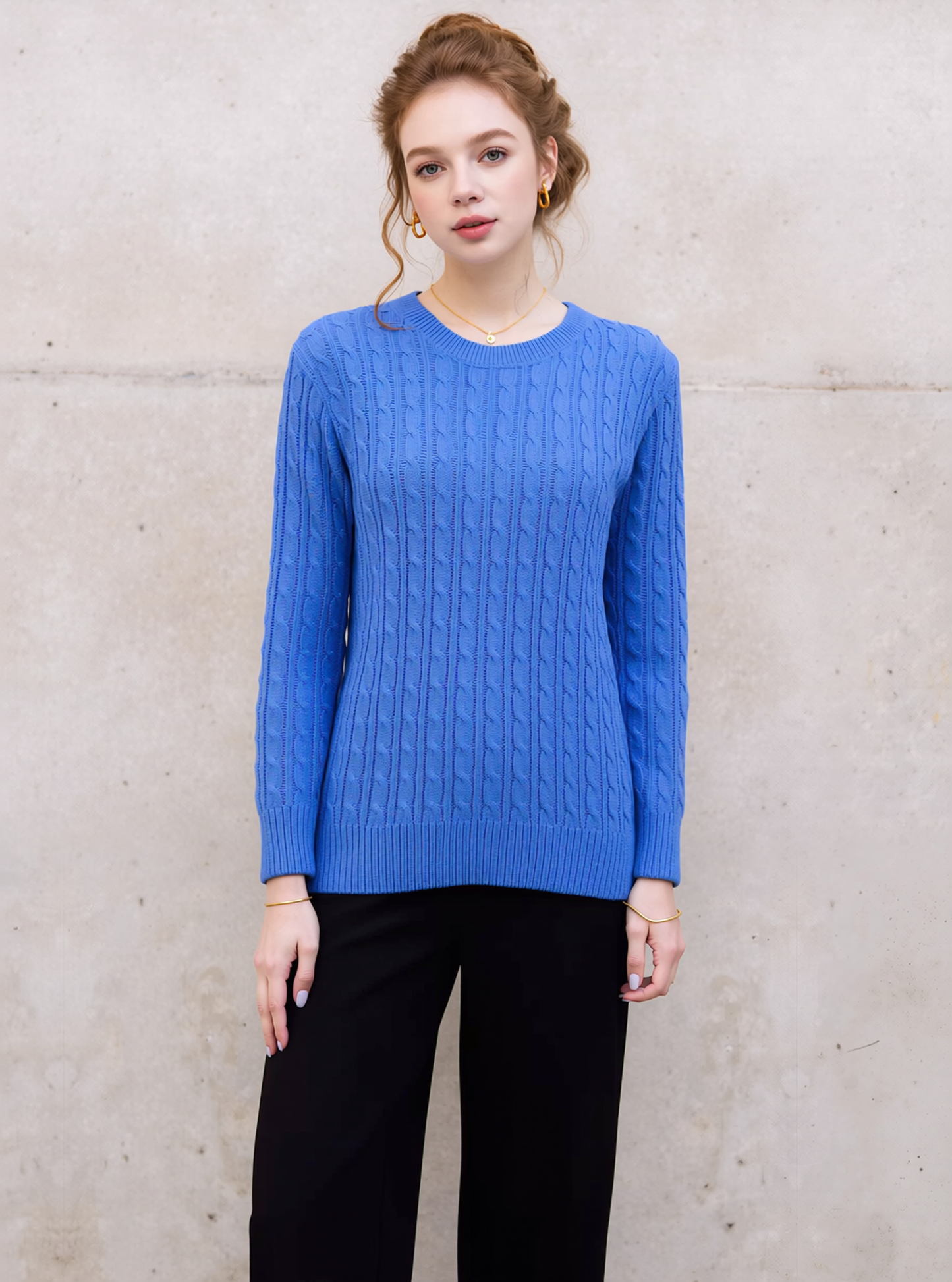 Blue Round Neck Cable Knit Jumper