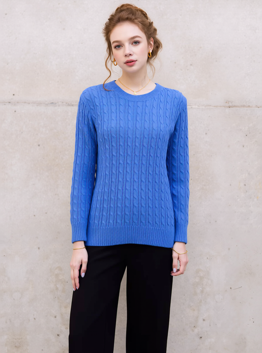 Blue Round Neck Cable Knit Jumper