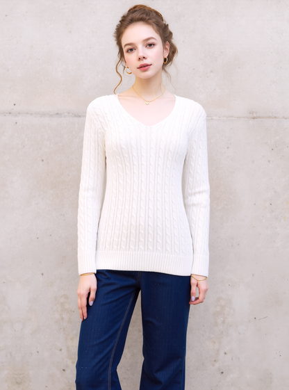 White V-Neck Cable Knit Jumper