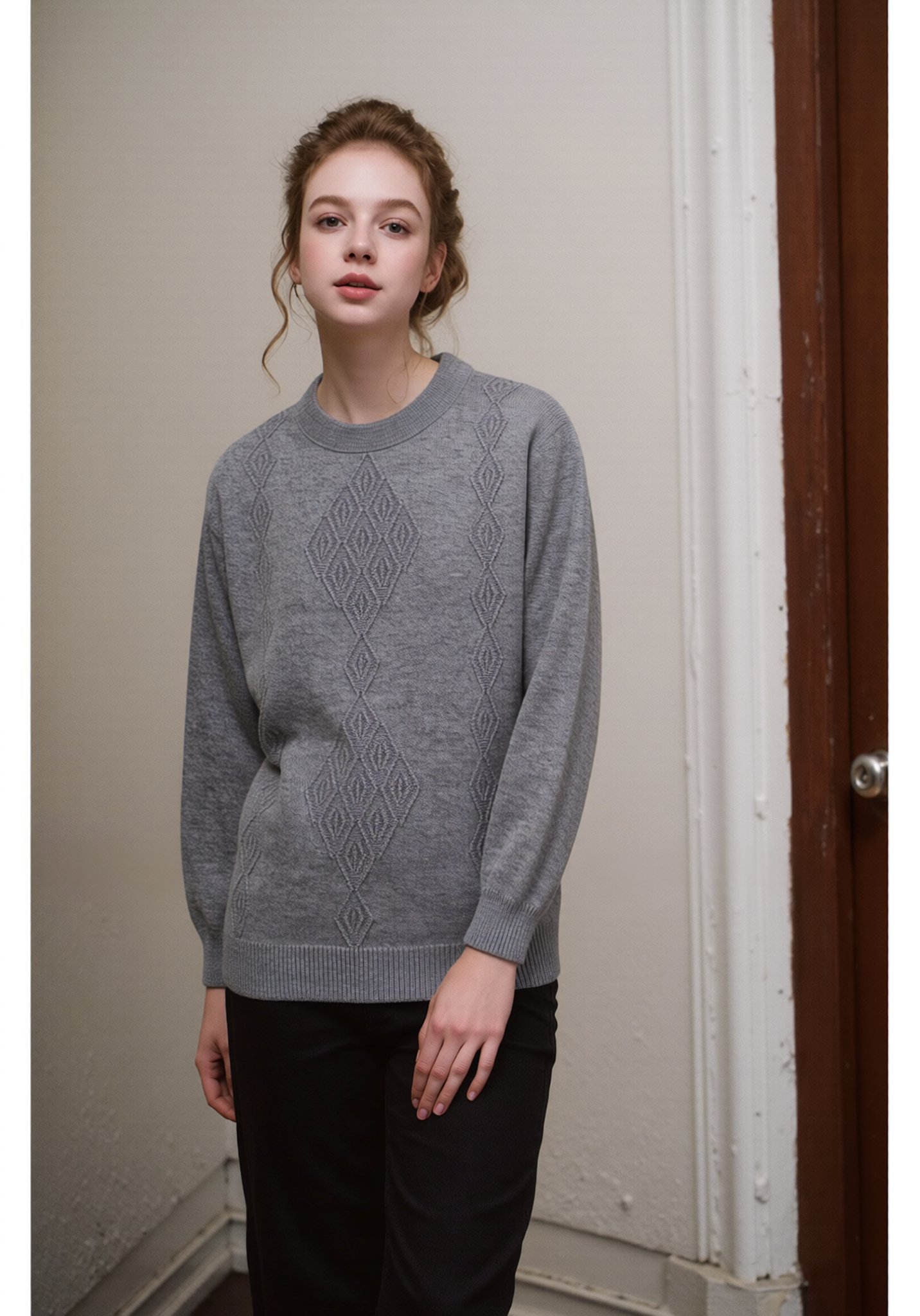 Grey Round Neck Diamond Design Jumper