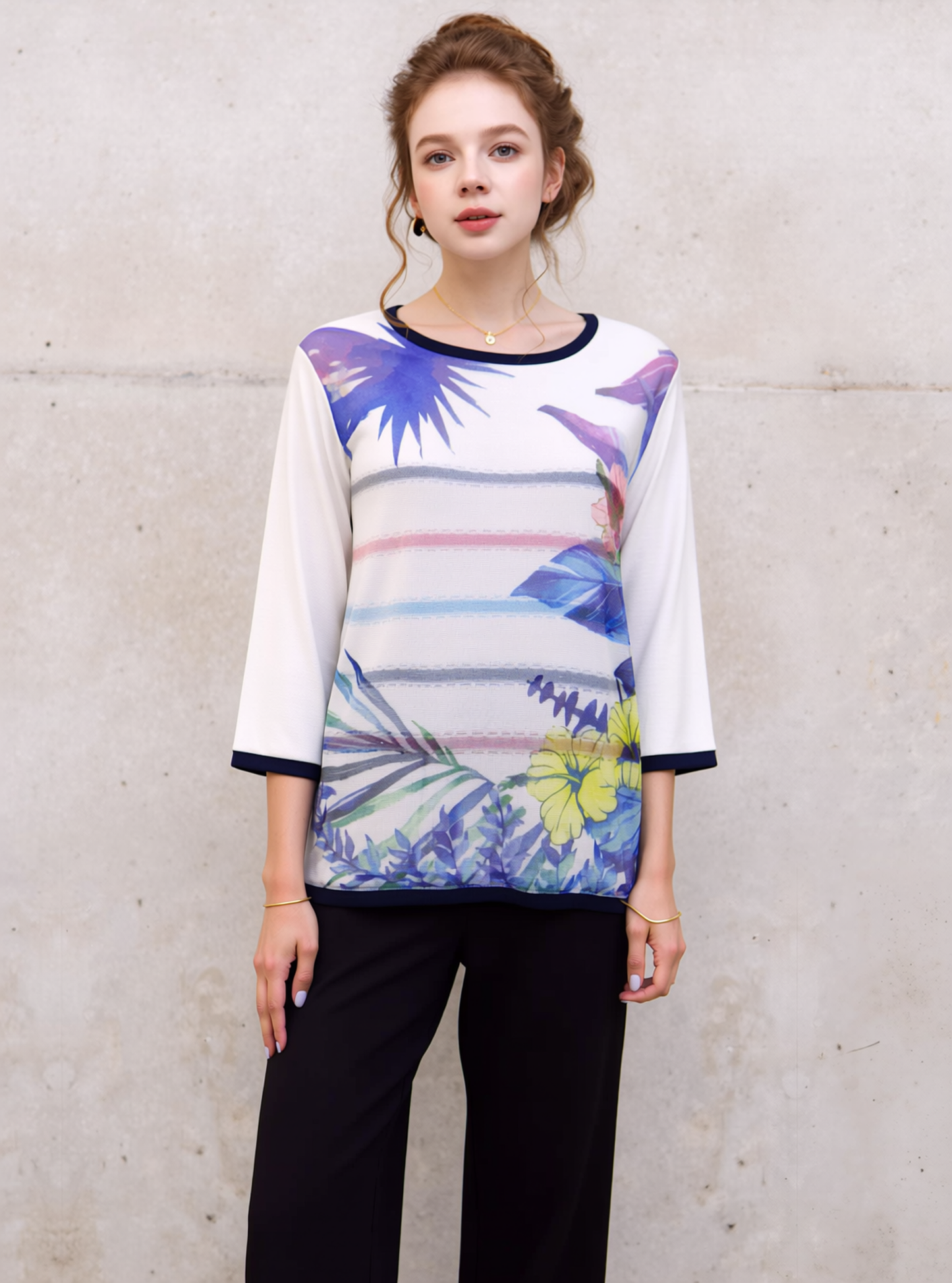 Purple Floral 3/4 Sleeves Layered Jumper