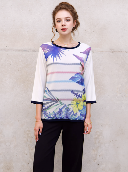 Purple Floral 3/4 Sleeves Layered Jumper