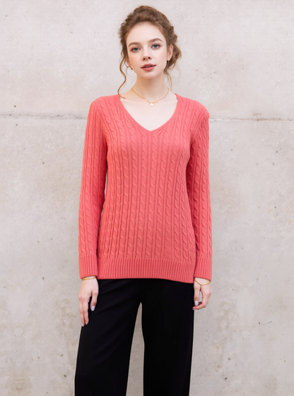 Coral V-Neck Cable Knit Jumper