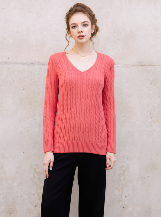 Coral V-Neck Cable Knit Jumper