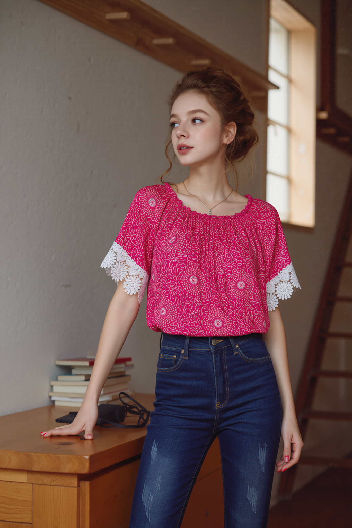 Fuchsia Printed Lace Detail Top