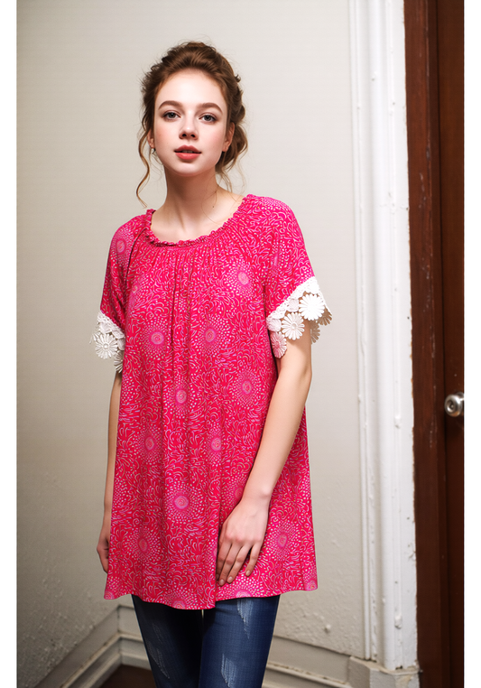 Fuchsia Printed Lace Detail Top