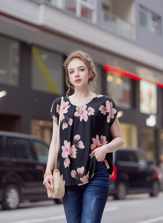 Black Floral Pattern Top