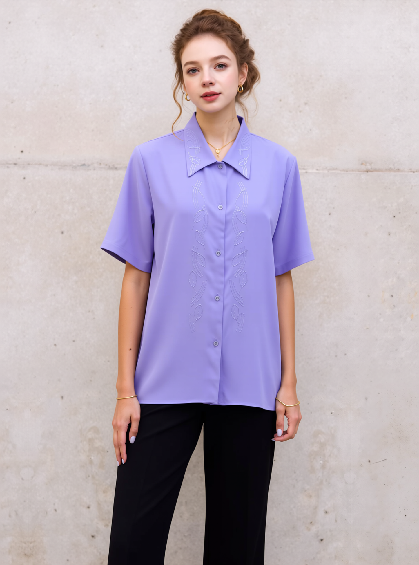 Lavender Collar Button Up Short Sleeve Blouse Top