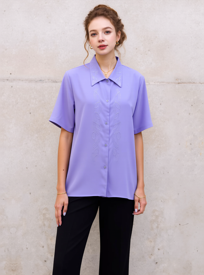 Lavender Collar Button Up Short Sleeve Blouse Top