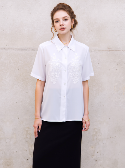 White Collar Button Up Short Sleeve Blouse Top