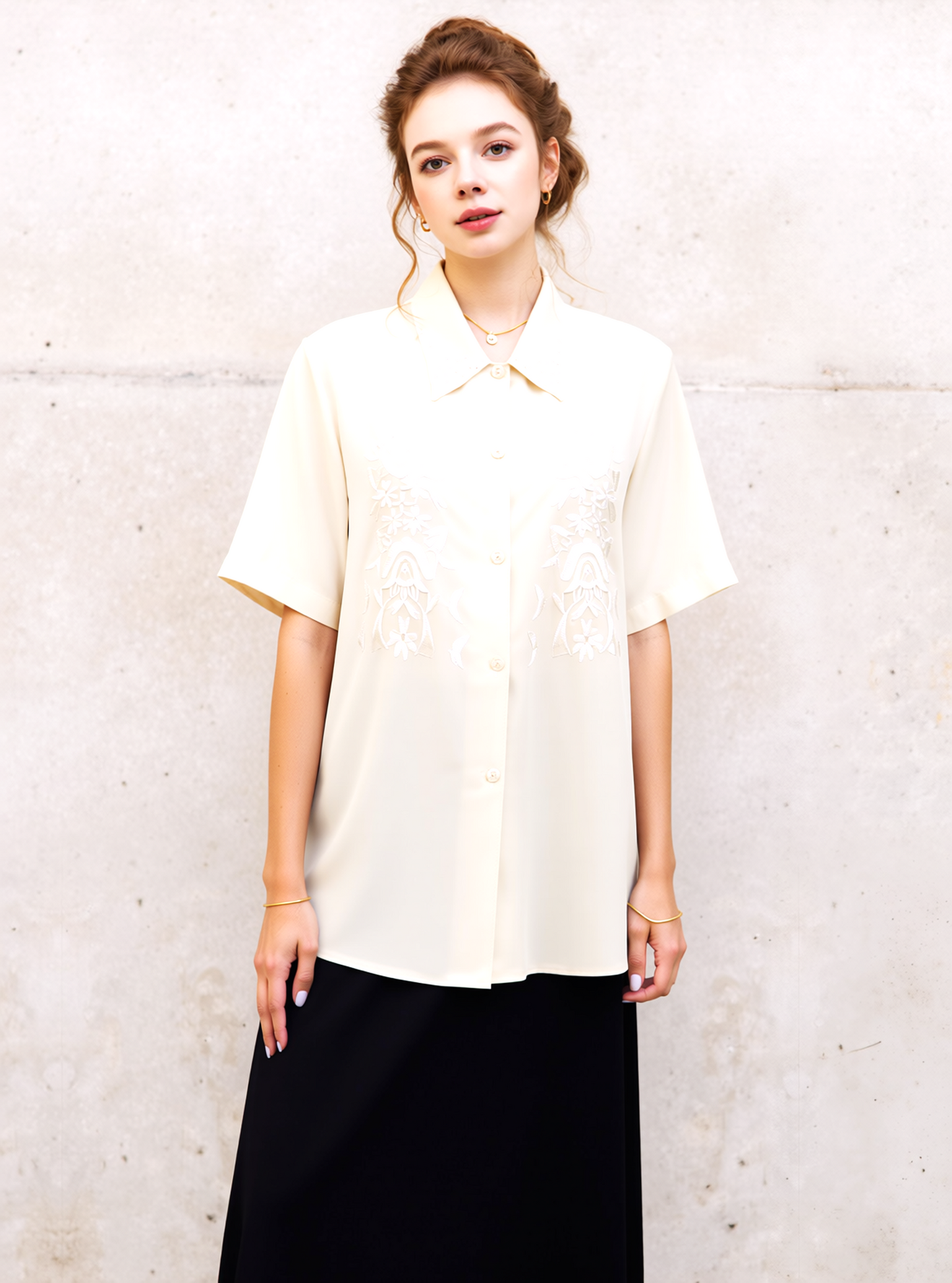 Cream Collar Button Up Short Sleeve Blouse Top