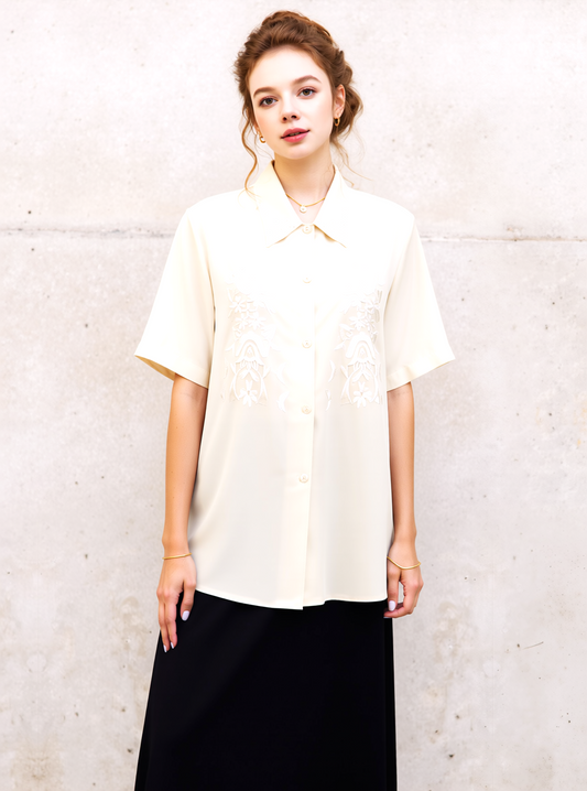 Cream Collar Button Up Short Sleeve Blouse Top