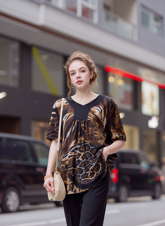 Brown Leopard Print Short Sleeves Top