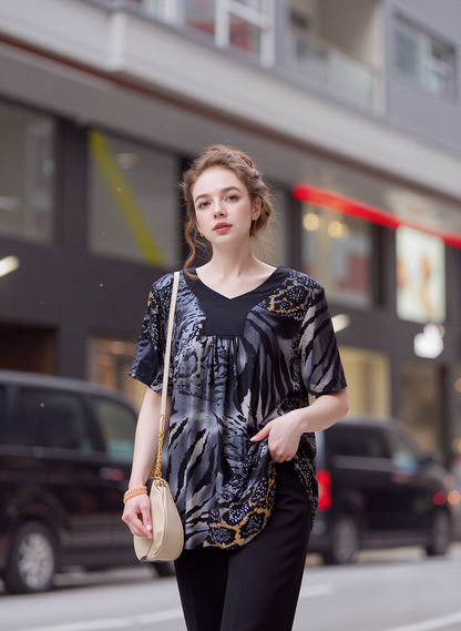 Grey Leopard Print Short Sleeves Top