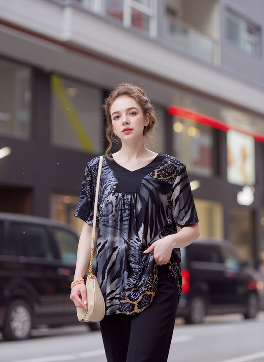 Grey Leopard Print Short Sleeves Top