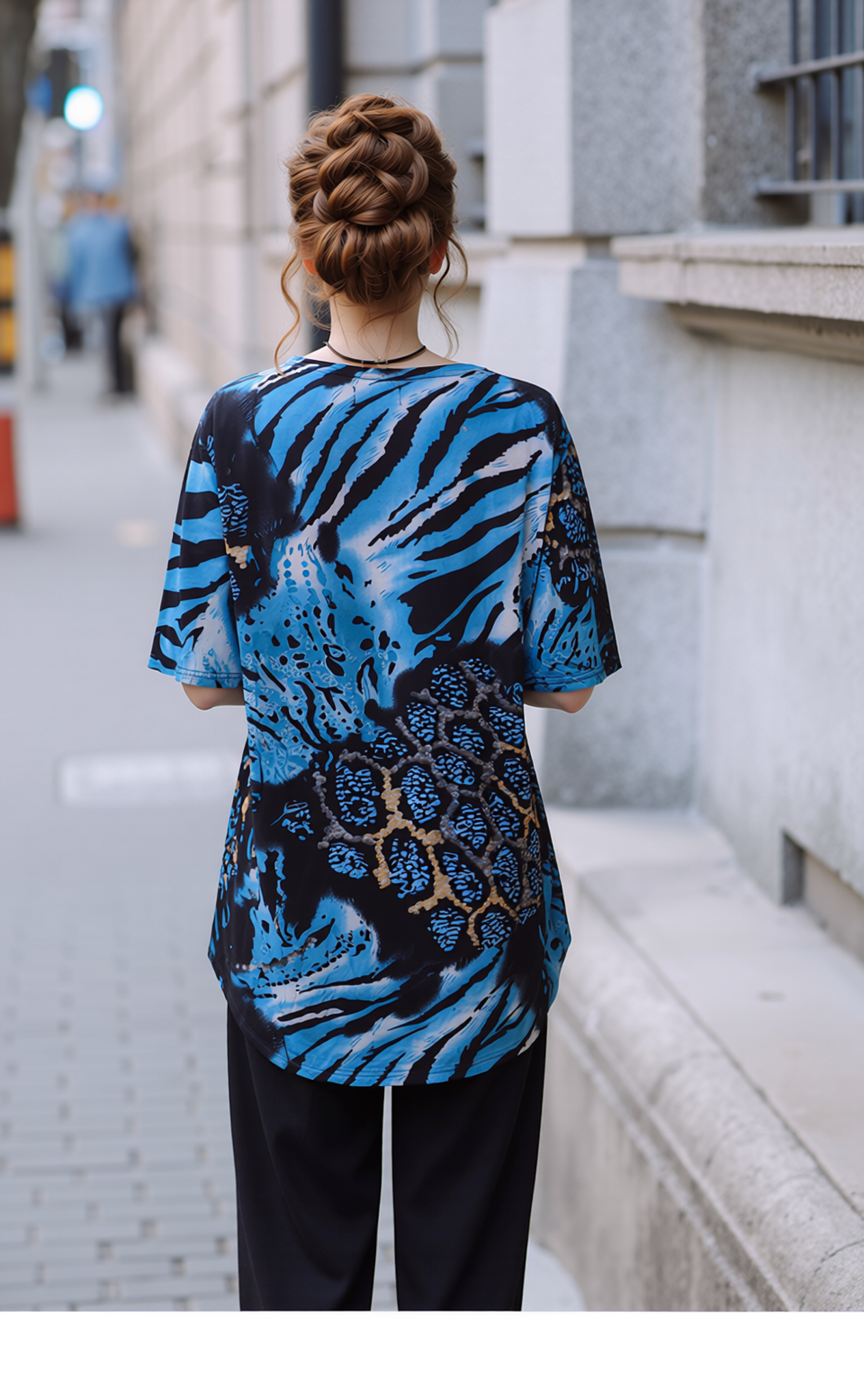 Blue Leopard Print Short Sleeves Top
