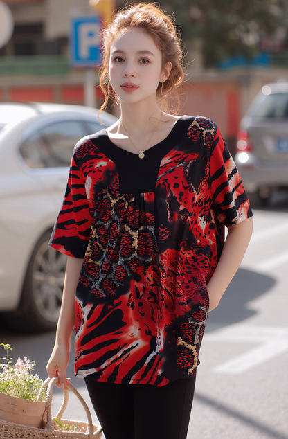 Red Leopard Print Short Sleeves Top