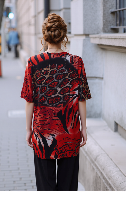 Red Leopard Print Short Sleeves Top
