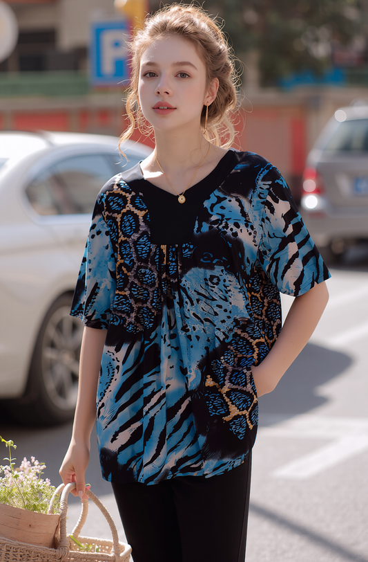Blue Leopard Print Short Sleeves Top