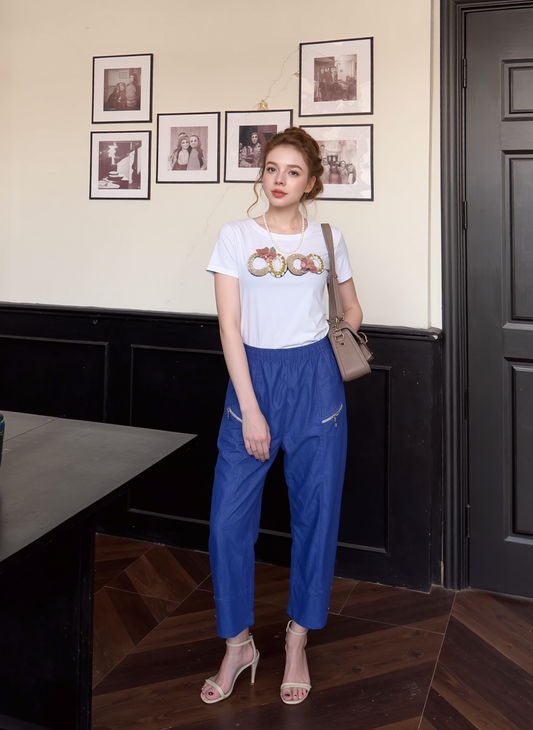 Blue Denim Cropped Cotton Trouser