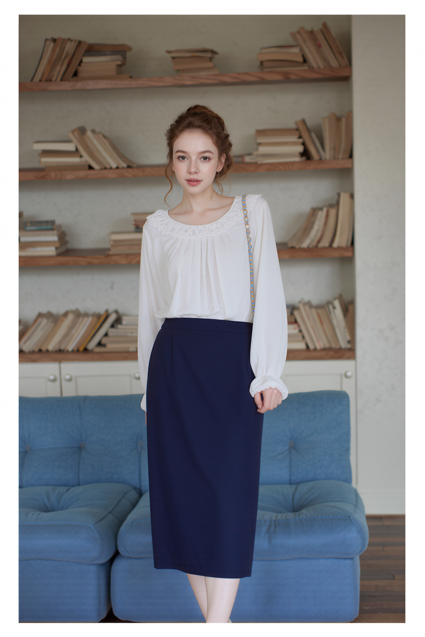 Navy Elasticated Straight Skirt