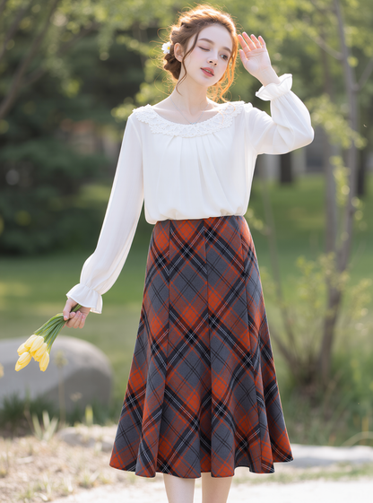Grey & Orange Elasticated Lined A-Line Checked Tartan Skirt