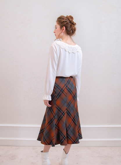 Grey & Orange Elasticated Lined A-Line Checked Tartan Skirt