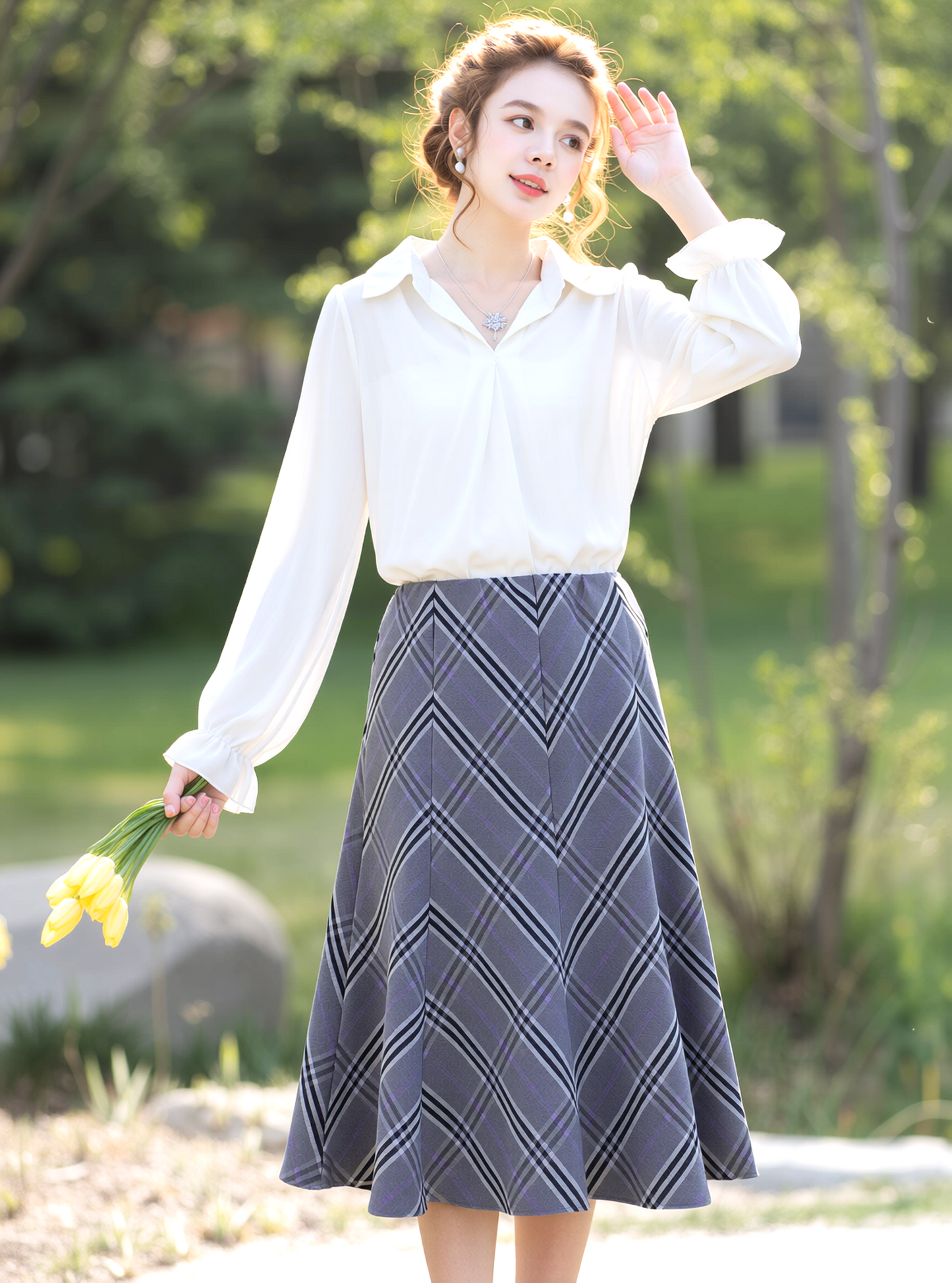 Grey Elasticated Lined A-Line Checked Skirt