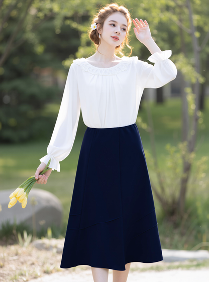 Navy Lined Elasticated A-Line Skirt