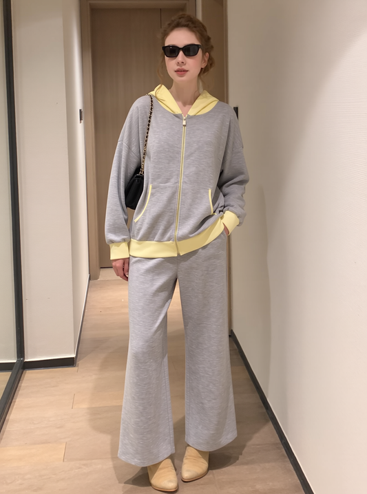 Women's Grey & Yellow Contrast Loungewear Set - Hooded Full Zip Jacket & Wide Leg Tracksuit Pants