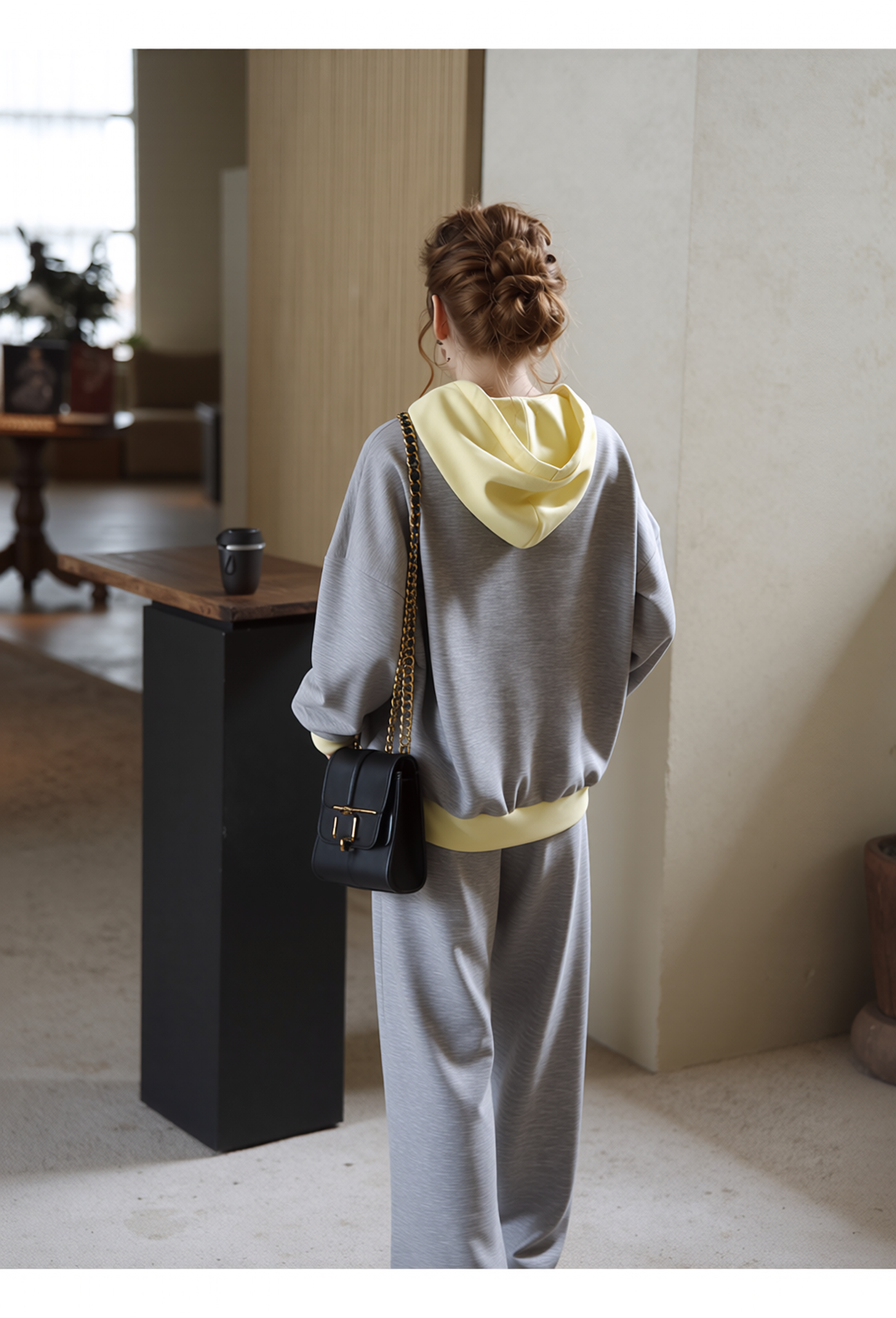 Women's Grey & Yellow Contrast Loungewear Set - Hooded Full Zip Jacket & Wide Leg Tracksuit Pants
