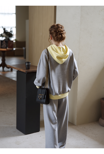 Women's Grey & Yellow Contrast Loungewear Set - Hooded Full Zip Jacket & Wide Leg Tracksuit Pants