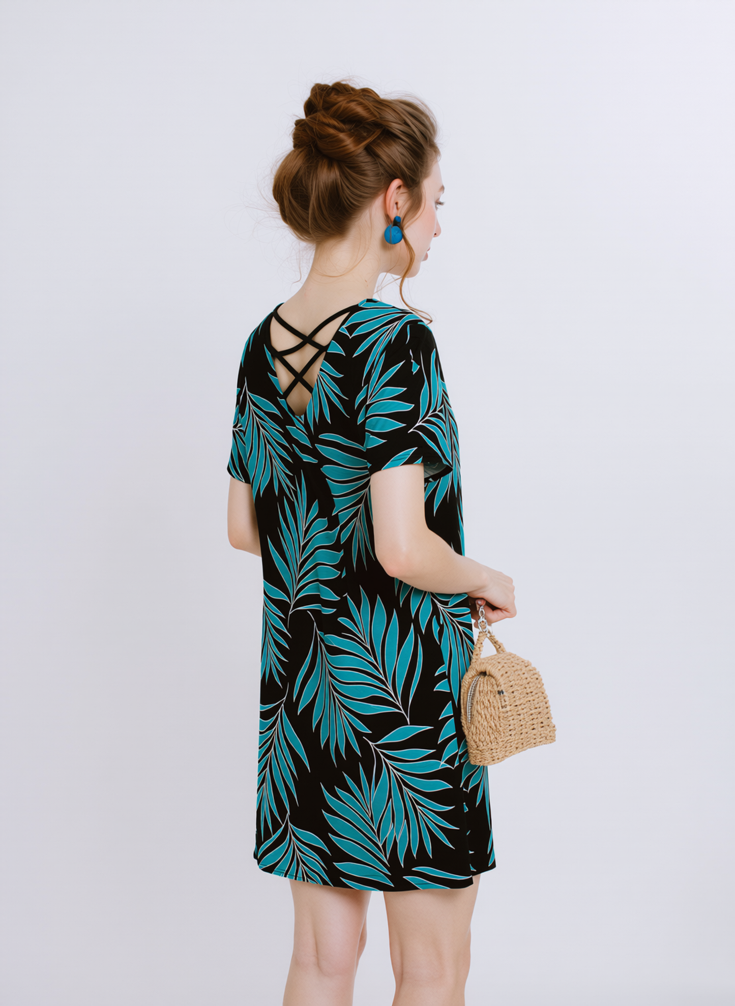 Women's Teal Leaf Print Short Sleeve Shift Dress - A-Line Criss-Cross Back Summer Casual Vacation Dress