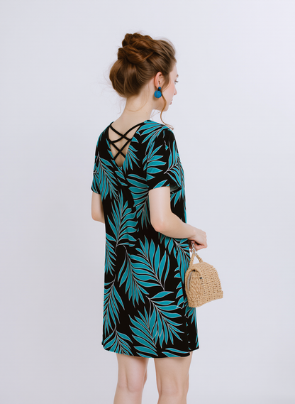 Women's Teal Leaf Print Short Sleeve Shift Dress - A-Line Criss-Cross Back Summer Casual Vacation Dress