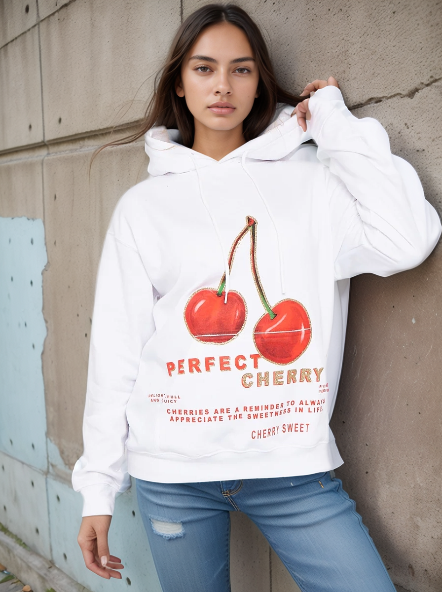 White Perfect Cherry Graphic Print Hoodie
