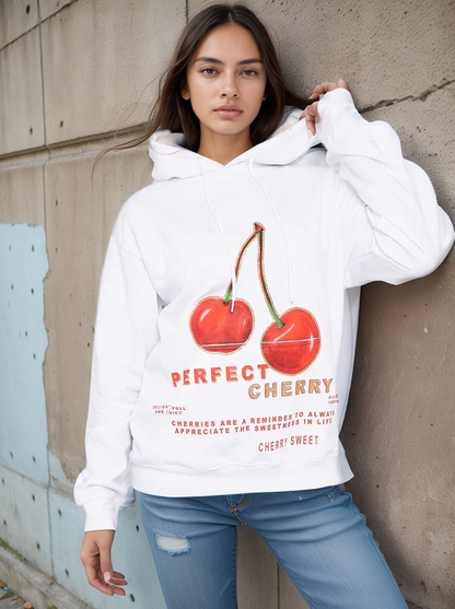 White Perfect Cherry Graphic Print Hoodie